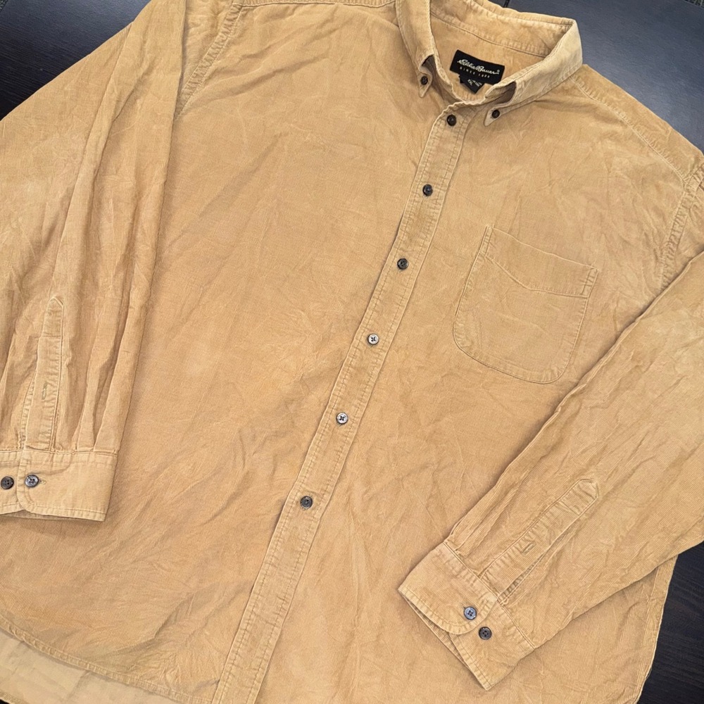 Eddie Bauer Corduroy Shirt Mens XXL Tan Excellent Long Sleeve Button Down Cotton